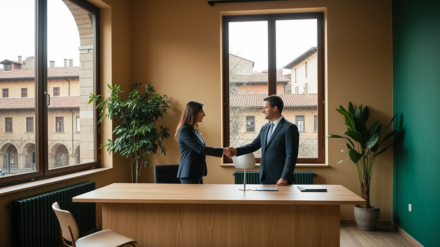 Due professionisti si stringono la mano in un ufficio a Bologna